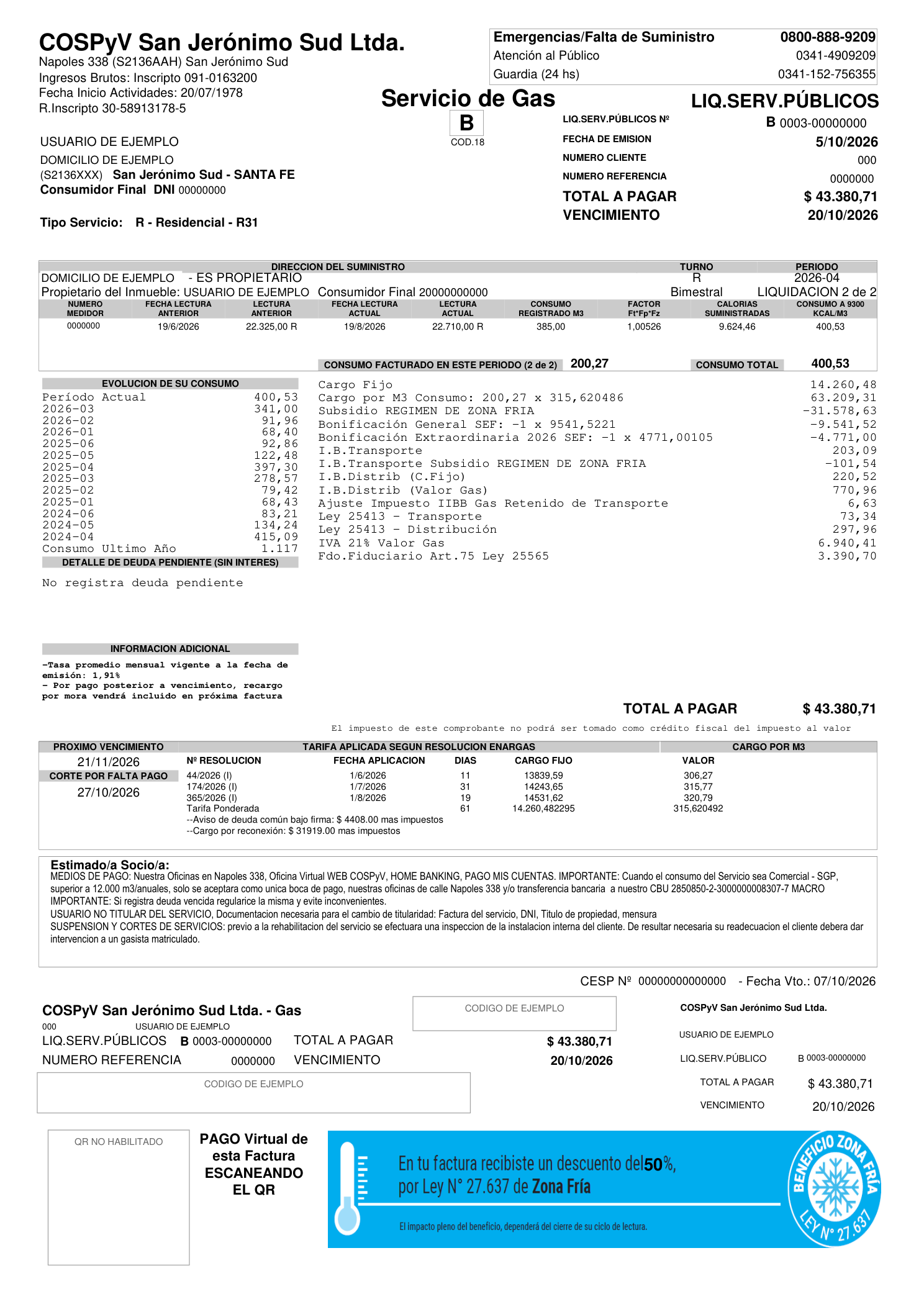Factura de gas COSPyV de ejemplo, con el diseño original: encabezado, lecturas, detalle de cargos, historial, tarifas y talones de pago.